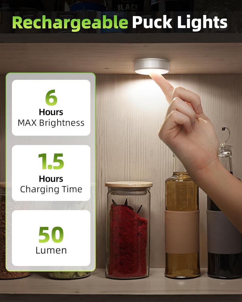 EZVALO أضواء LED دائرية، أضواء قابلة لإعادة الشحن، أضواء خزانة لاسلكية، 3 درجات حرارة للألوان، أضواء تحت الخزائن، أضواء لمسية صغيرة 2.5 بوصة، مثالية للمطبخ، الخزانة، المخزن، الرفوف، المعسكر (6 عبوات) - Image 3